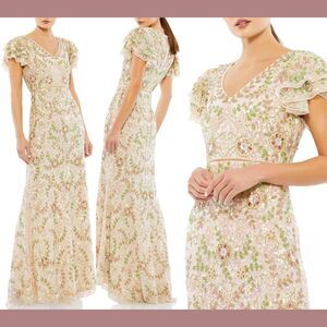 NWT $698 Mac Duggal [ 4 ] Embellished Ruffled Cap Sleeve V-Neck Gown Nude #S1105